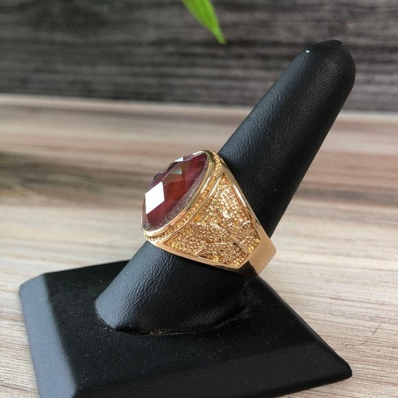 Gold Plated Mens Ring Size 10 Faceted Glass Caboch - Picture 2 of 10